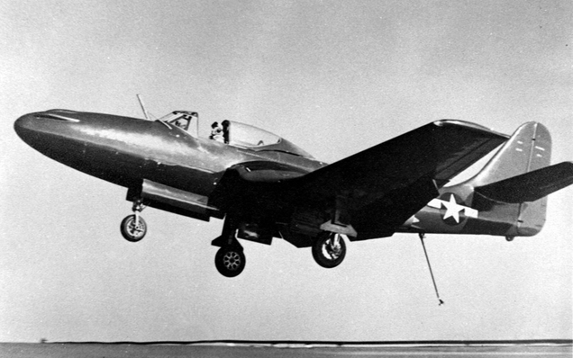 On July 21, 1946, Lt. Cmdr. James Davidson conducted the first trials of the McDonnell XFD-1 Phantom aboard the aircraft carrier USS Franklin D. Roosevelt (CVB 42). (US Navy)